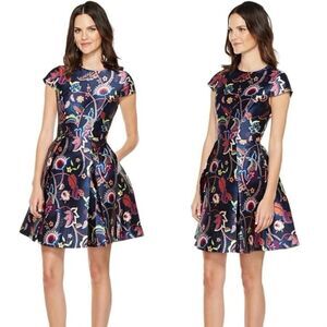 Ted Baker Pluxam Mini Blue Dress Folk Foliage Skater Size 2